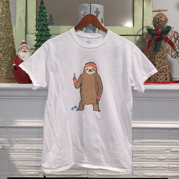 ALTRU White Crewneck Sloth Exercising Short Sleeve Tee Size M 100% Cotton - Picture 1 of 5